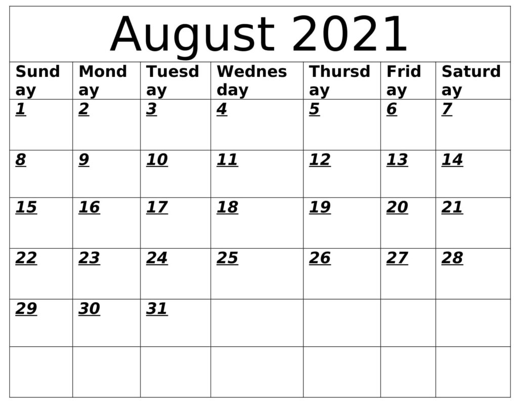 Printable August 2021 Calendar With Holidays - Mycalendarlabs