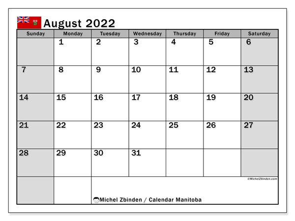 Printable August 2022 &quot;Manitoba&quot; Calendar - Michel Zbinden En