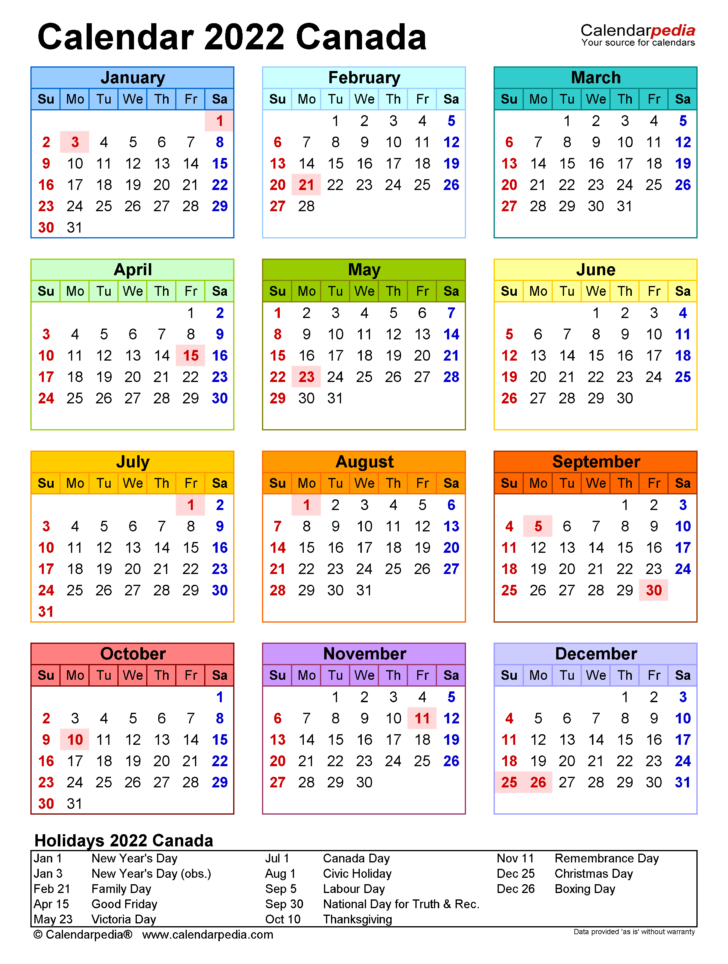 Printable Calendar 2022 Canada - Calendar Weeks