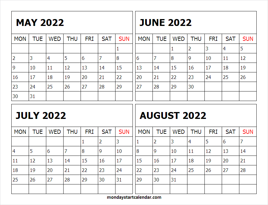 Printable Calendar 2022 May June July August - Blank