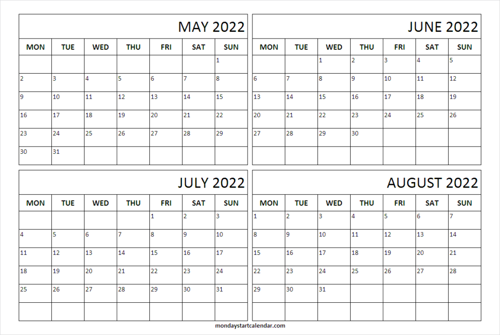 Printable Calendar 2022 May June July August - Blank