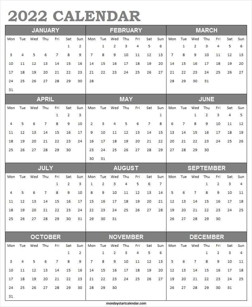 Printable Calendar 2022 Monday Start | Jan To Dec 2022