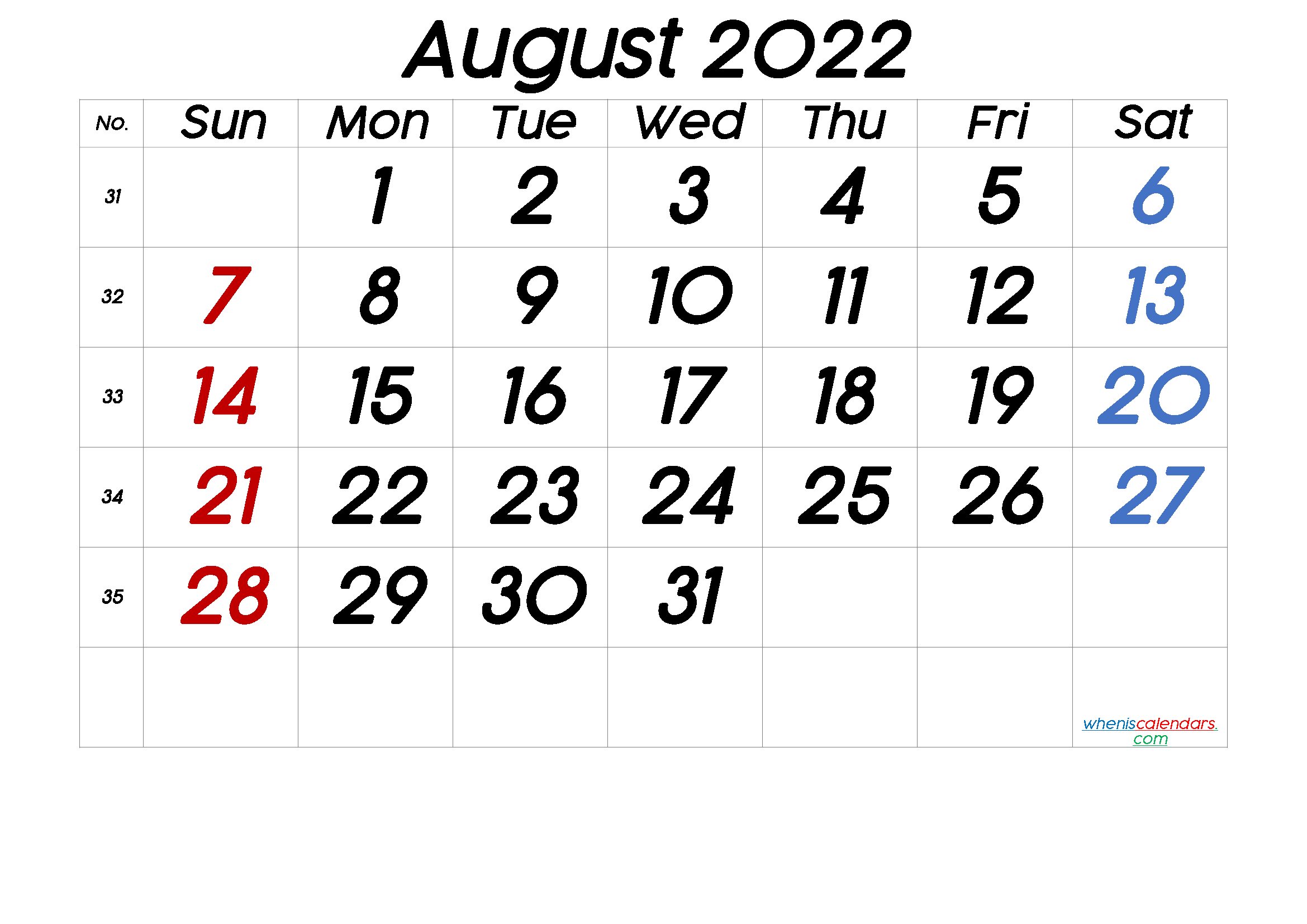Printable Calendar August 2022 - 6 Templates | Printable