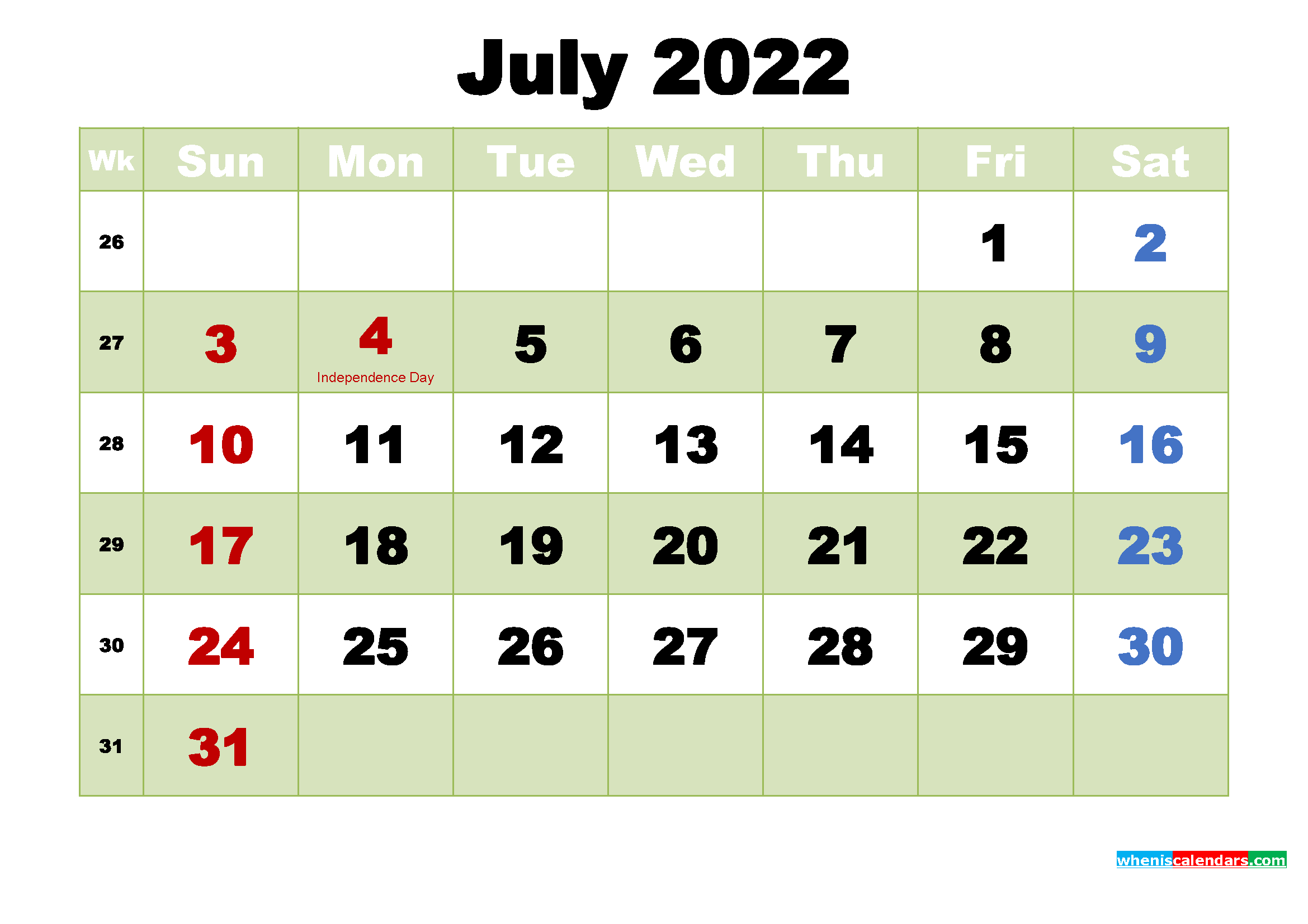 Printable Calendar For July 2022