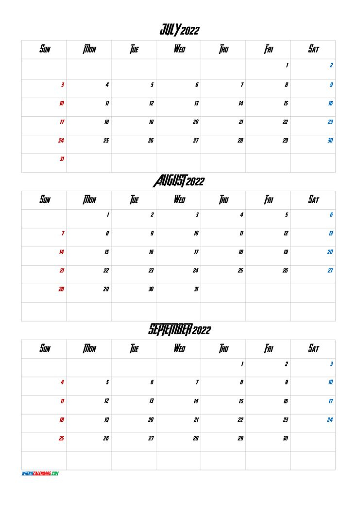 Printable Calendar July August September 2022 [Q1-Q2-Q3-Q4