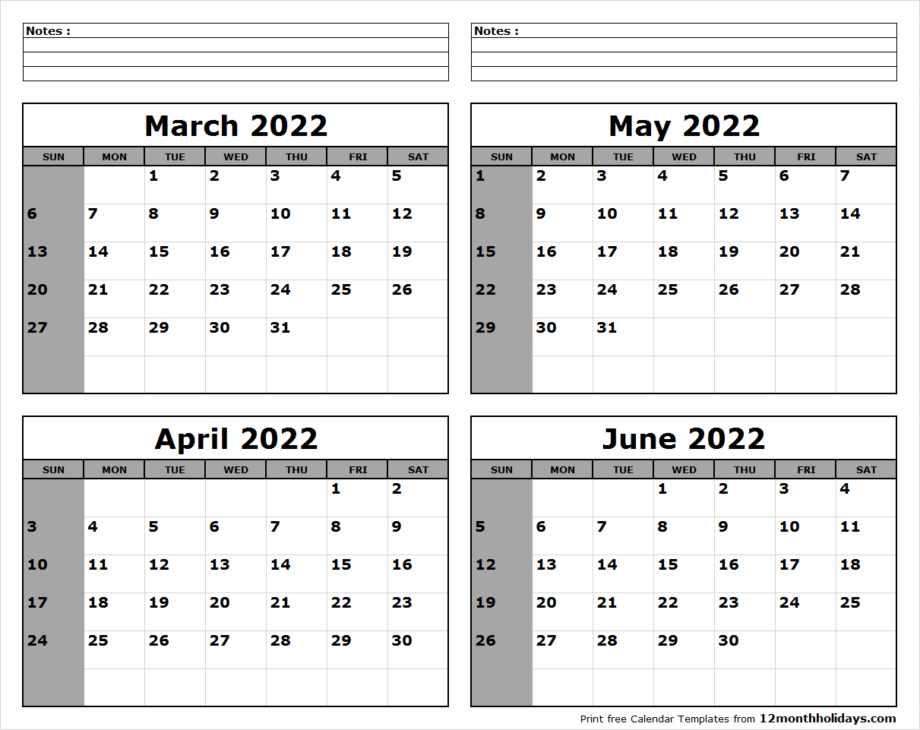 Printable Calendar March April May June 2022 - 2023