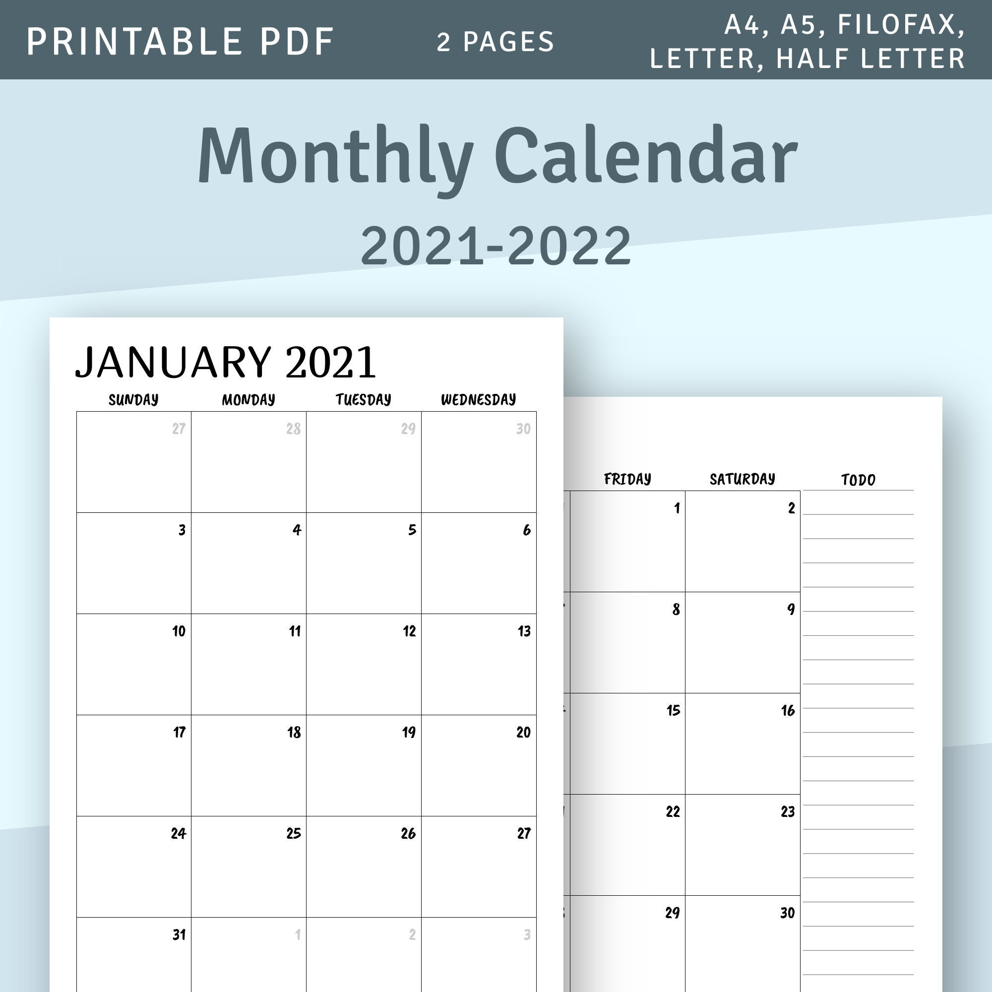 Printable Calendar Monthly 2021 2022 Month On Two Page | Etsy