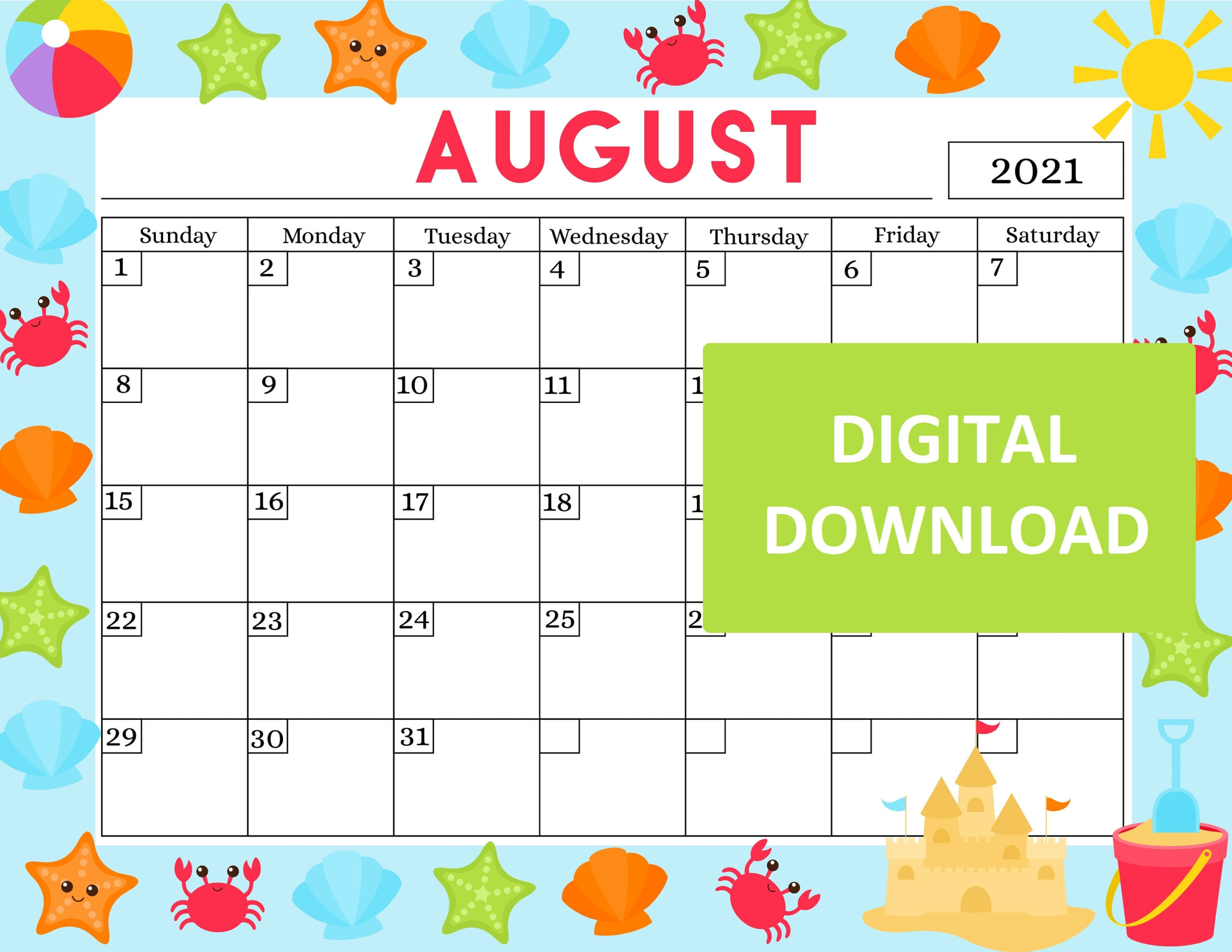 Printable Calendar Printable Kids Calendar August 2021 | Etsy