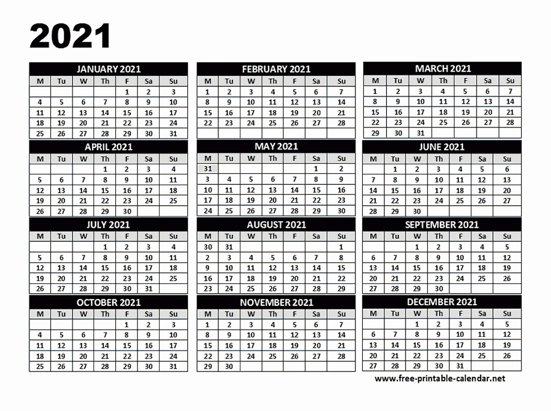 Printable Calendars 2021 Free Weekday Starts On Monday