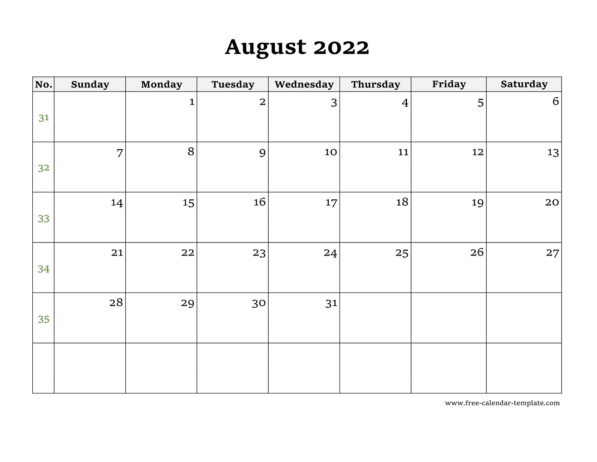 Printable Editable Calendar August 2022 - Calendar Weeks