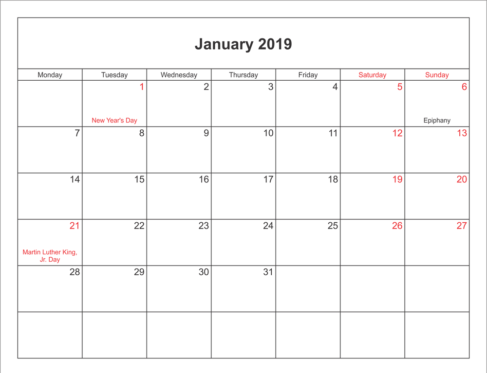 Printable January 2019 Google Template | 2019 Calendar