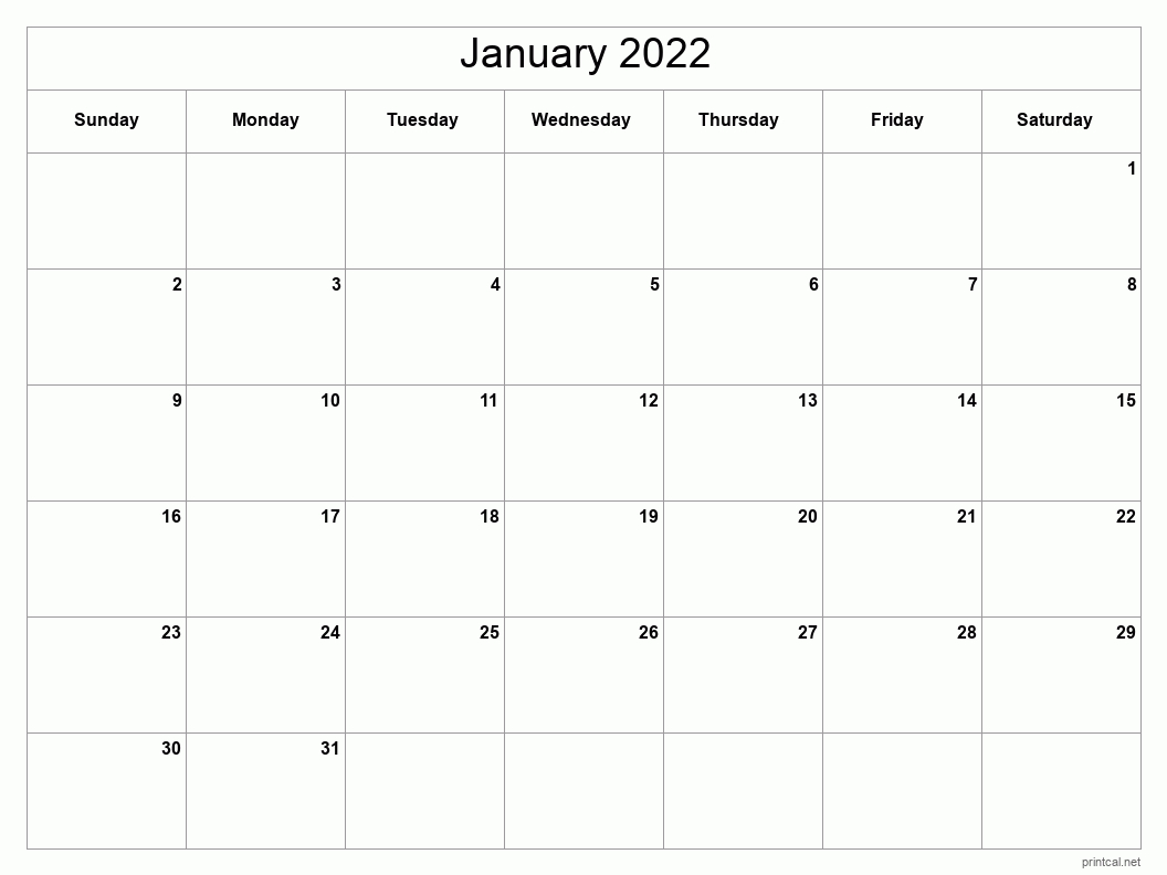 Printable January 2022 Calendar - Classic Blank Sheet