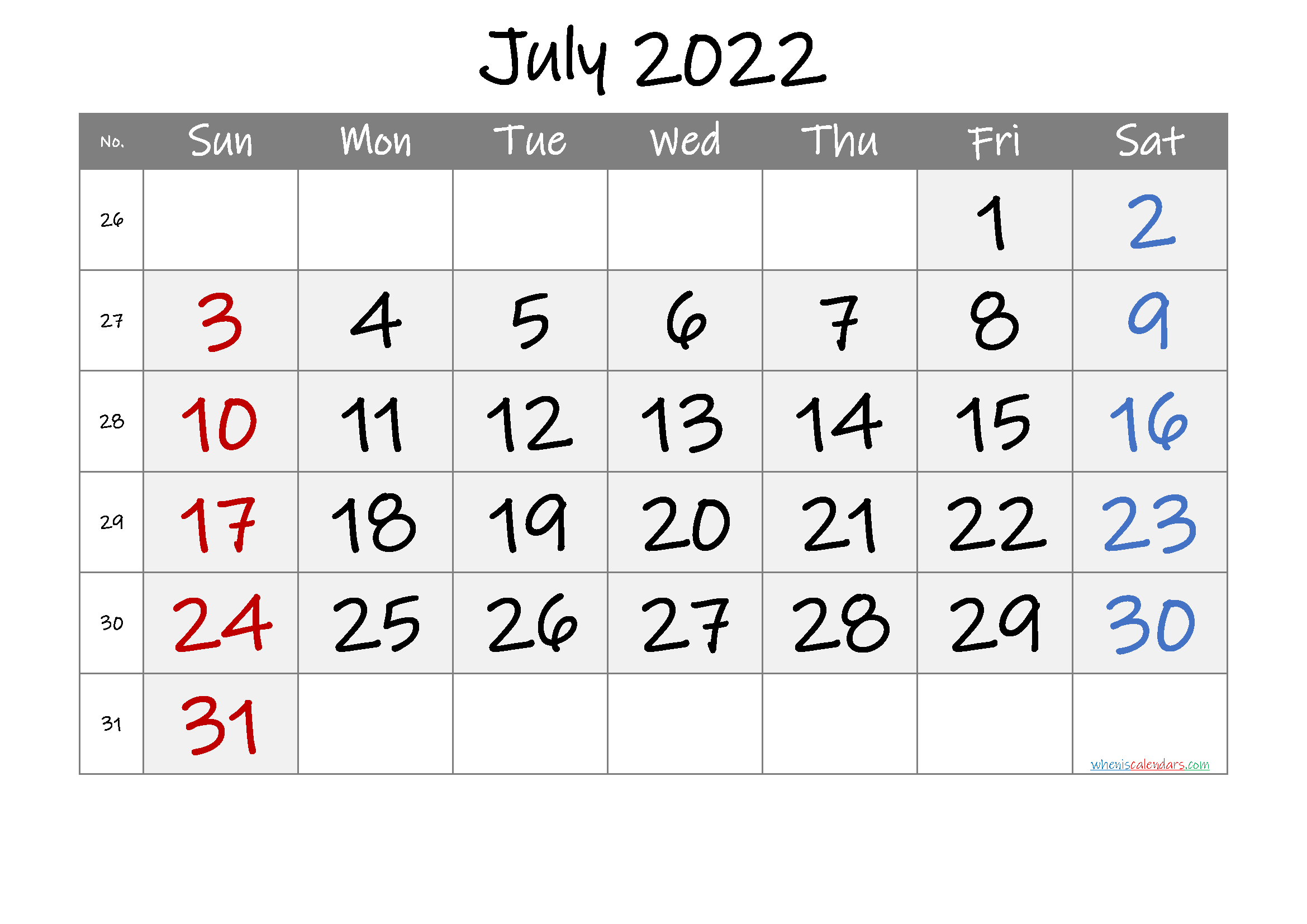 Printable July 2022 Calendar