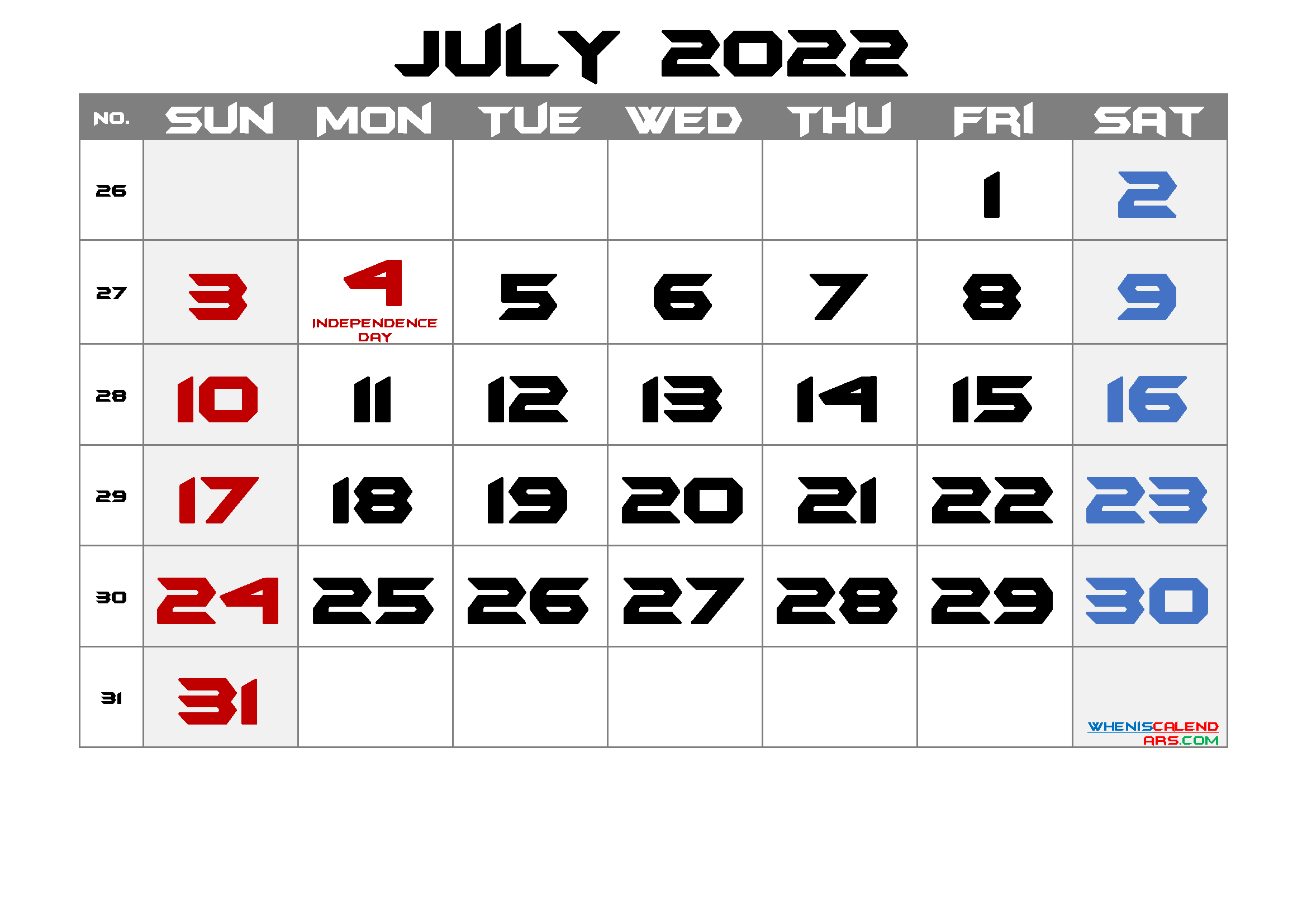 Printable July 2022 Calendar With Holidays - 6 Templates