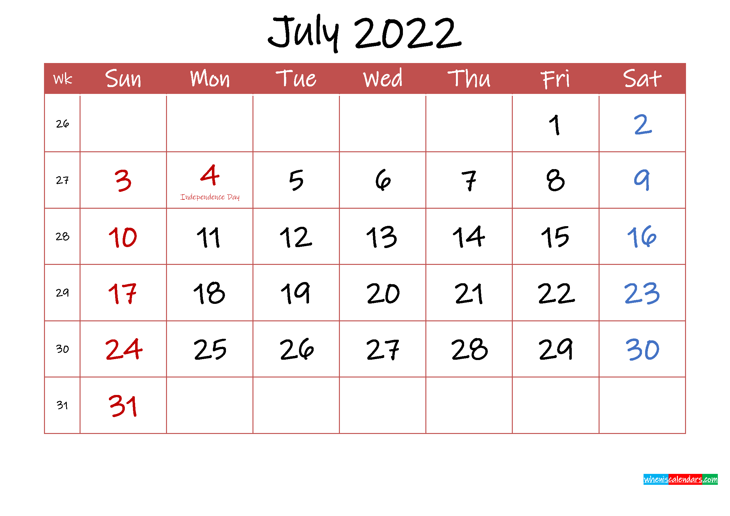Printable July 2022 Calendar With Holidays - Template Ink22M31