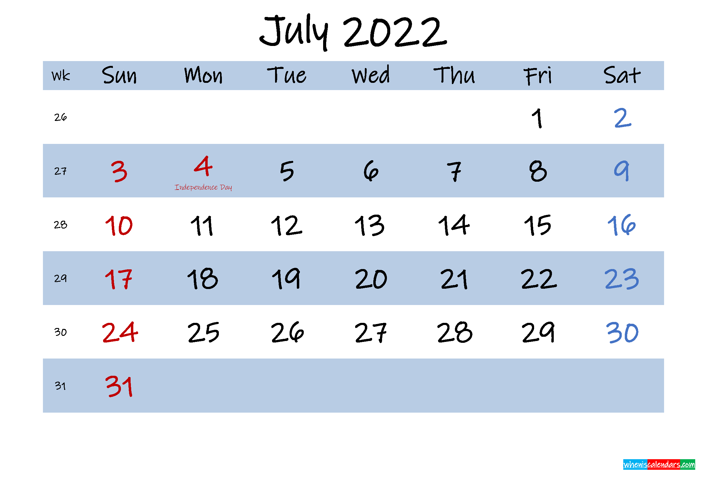 Printable July 2022 Calendar Word - Template No.ink22M499