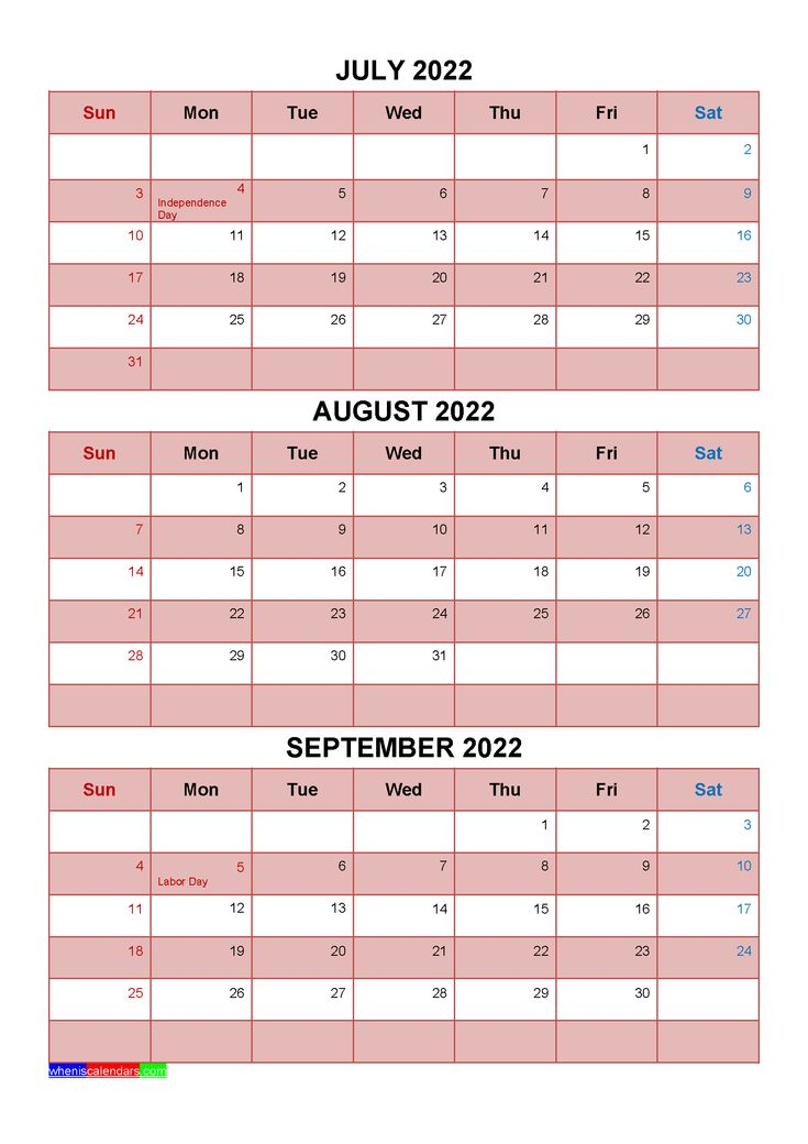 Printable July August September 2022 Calendar With