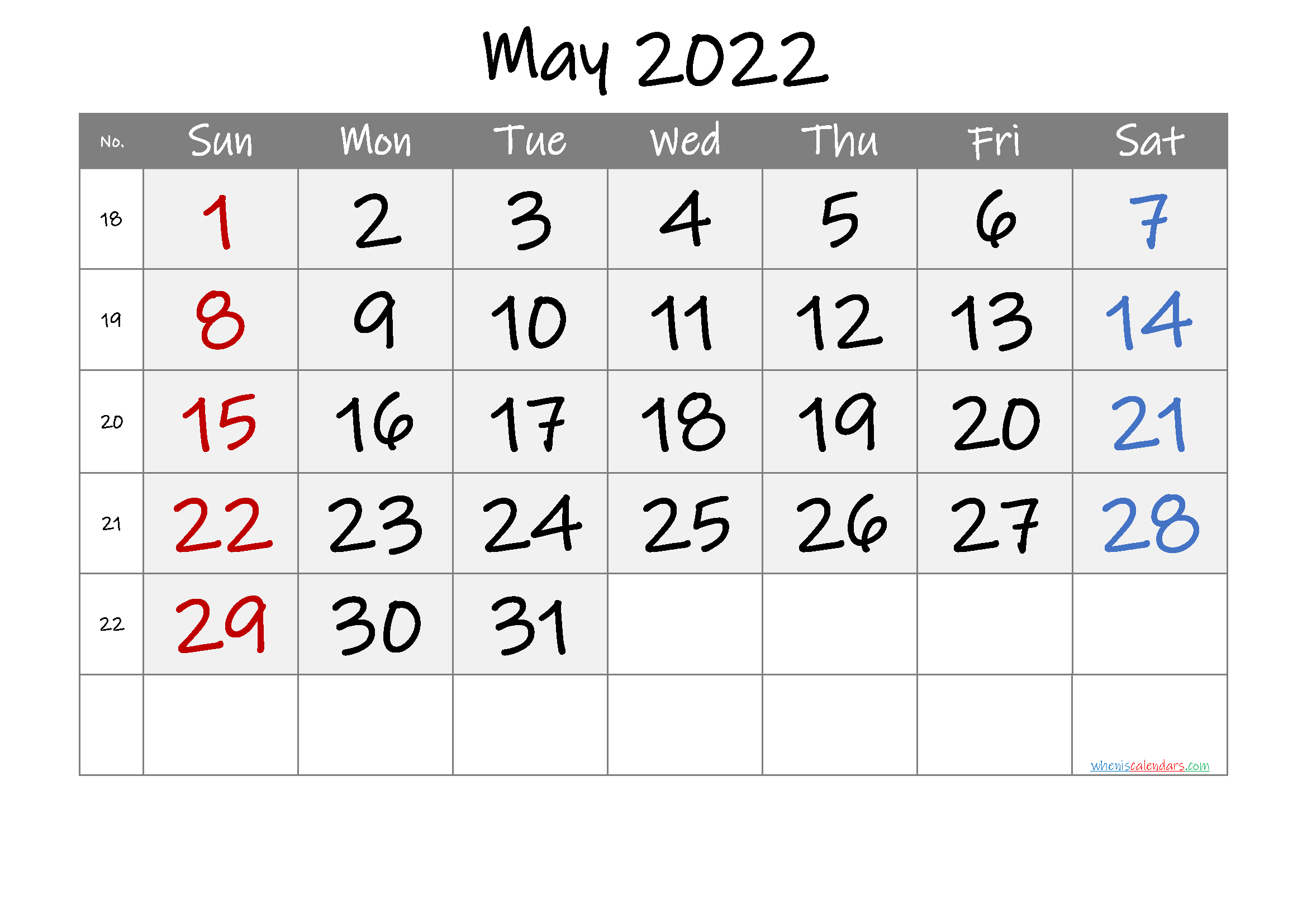 Printable May 2022 Calendar