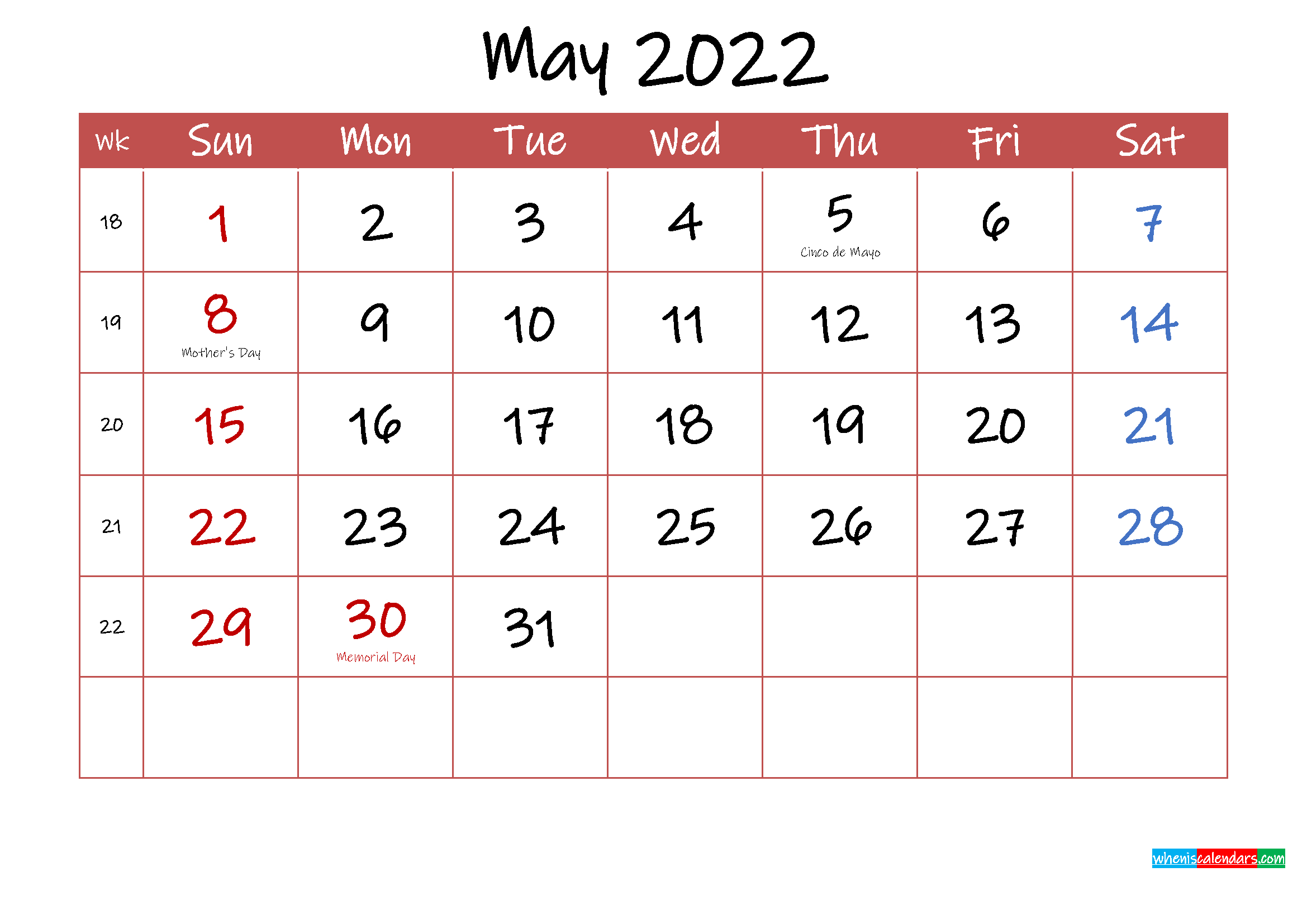 Printable May 2022 Calendar With Holidays - Template Ink22M29