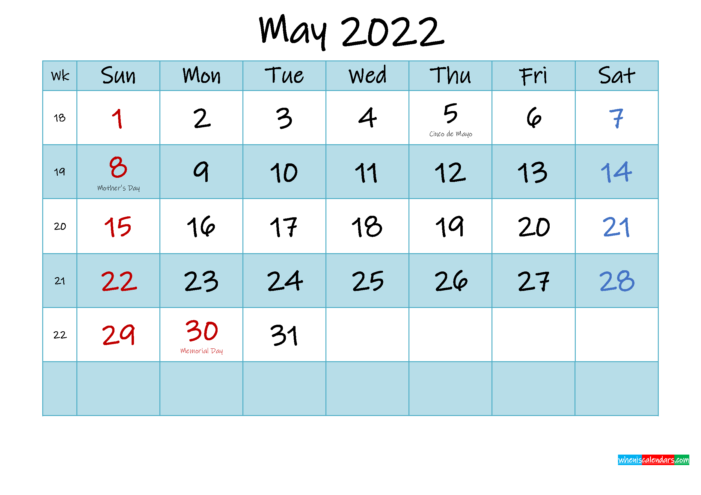 Printable May 2022 Calendar Word - Template No.ink22M473
