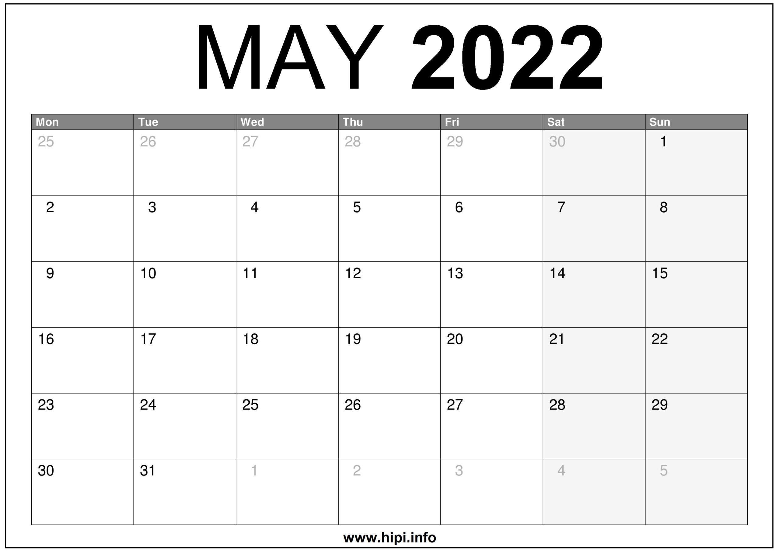 Printable May 2022 Monthly Calendar | January Calendar 2022