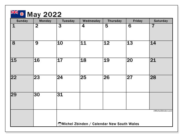 Printable May 2022 &quot;New South Wales (Ss)&quot; Calendar