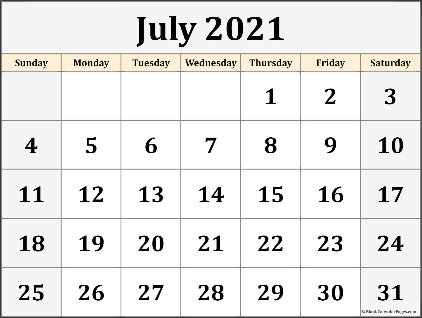 Printable Monthly Calendar July 2021 | 2021 Printable