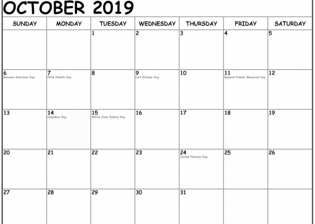 Printable October 2019 Calendar With Holidays With Notes