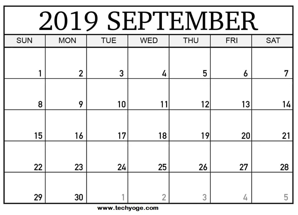 Printable September 2019 Calendar With Holidays Template