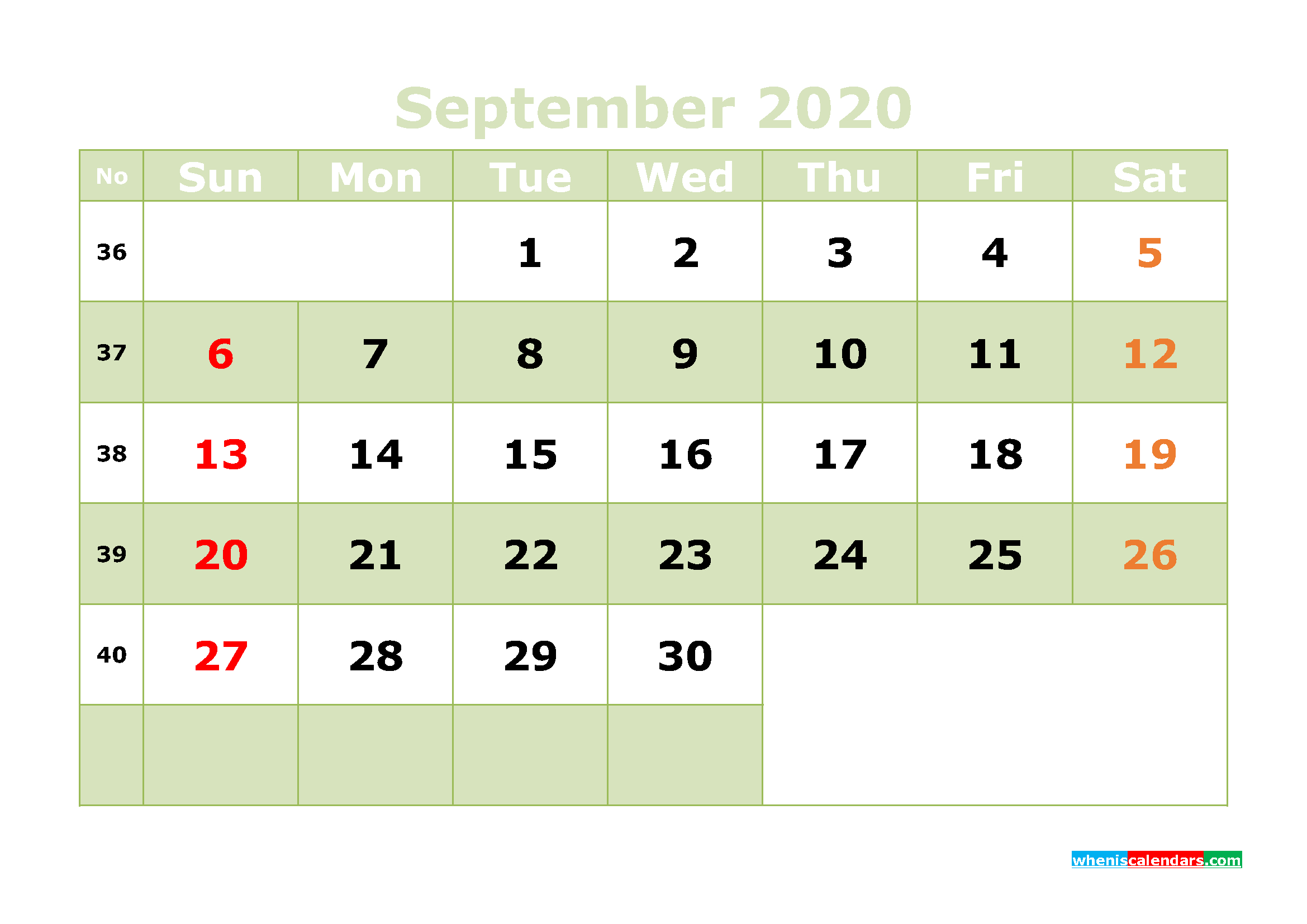 Printable September 2020 Calendar With Week Numbers - Free