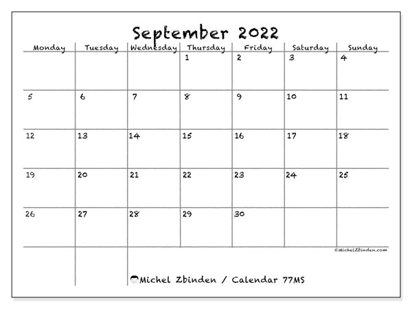 Printable September 2022 &quot;77Ms&quot; Calendar - Michel Zbinden En