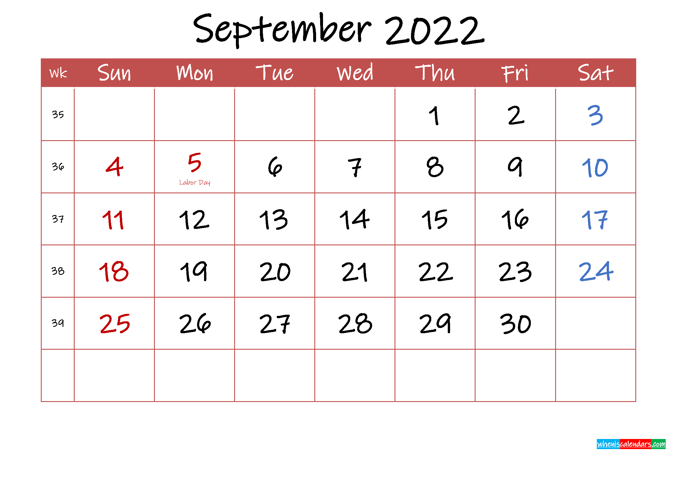 Printable September 2022 Calendar With Holidays - Template