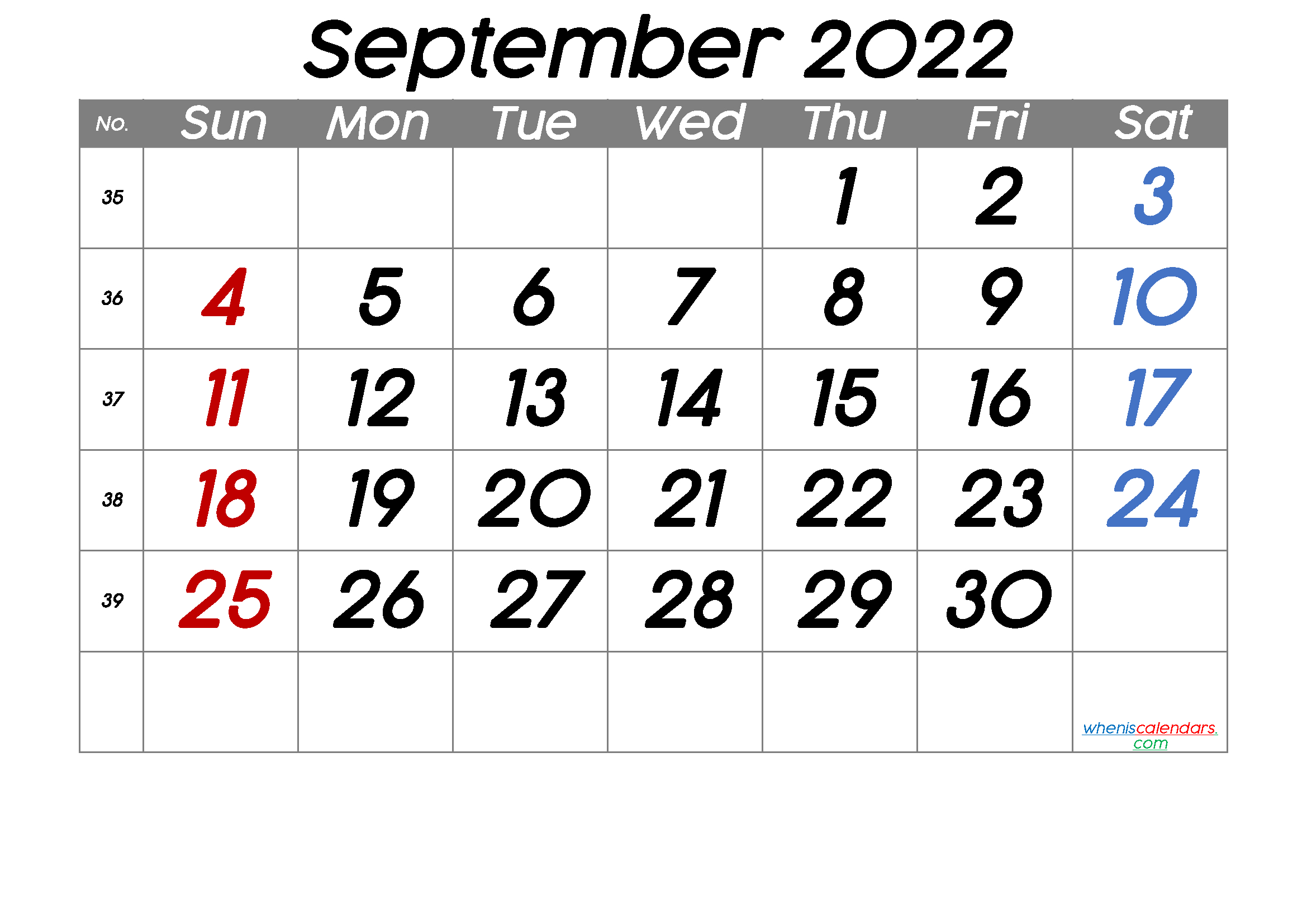 Printable September 2022 Calendar With Week Numbers