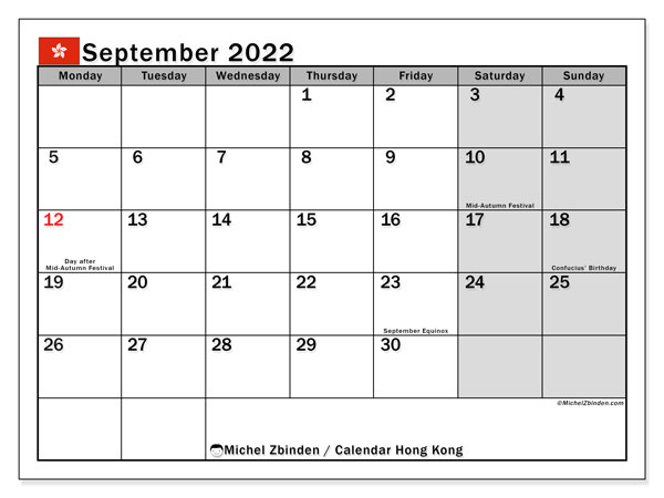 Printable September 2022 &quot;Hong Kong&quot; Calendar - Michel