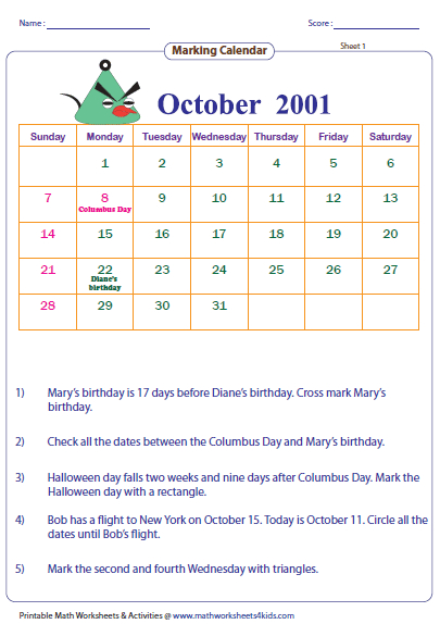 Reading Calendar Worksheets With Word Problems