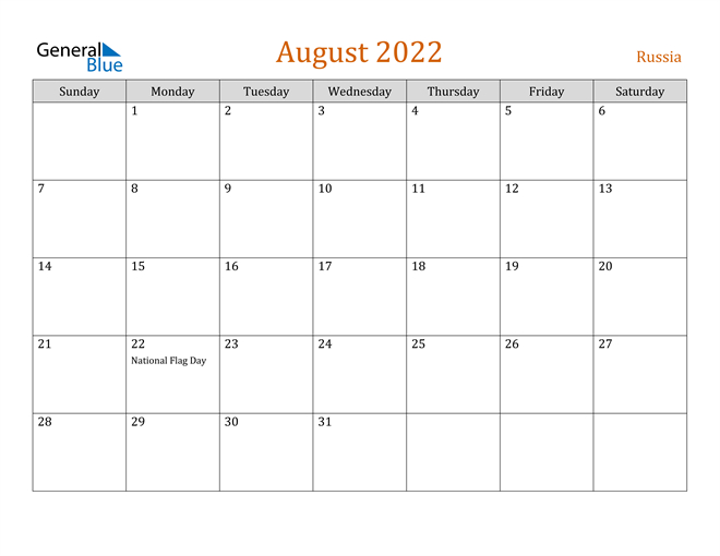 Russia August 2022 Calendar With Holidays