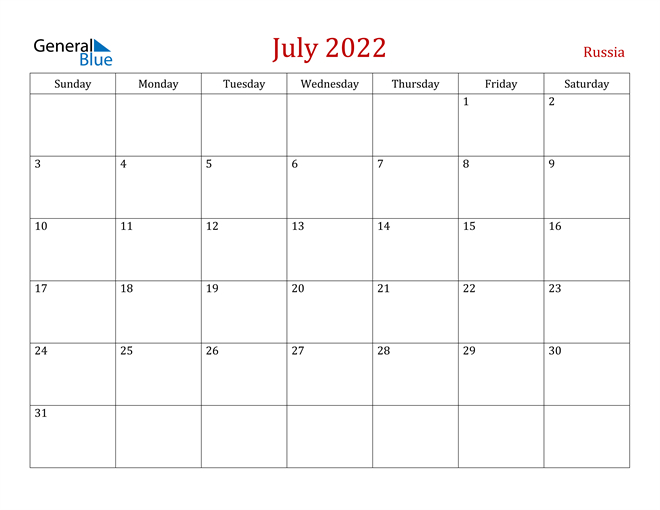 Russia July 2022 Calendar With Holidays
