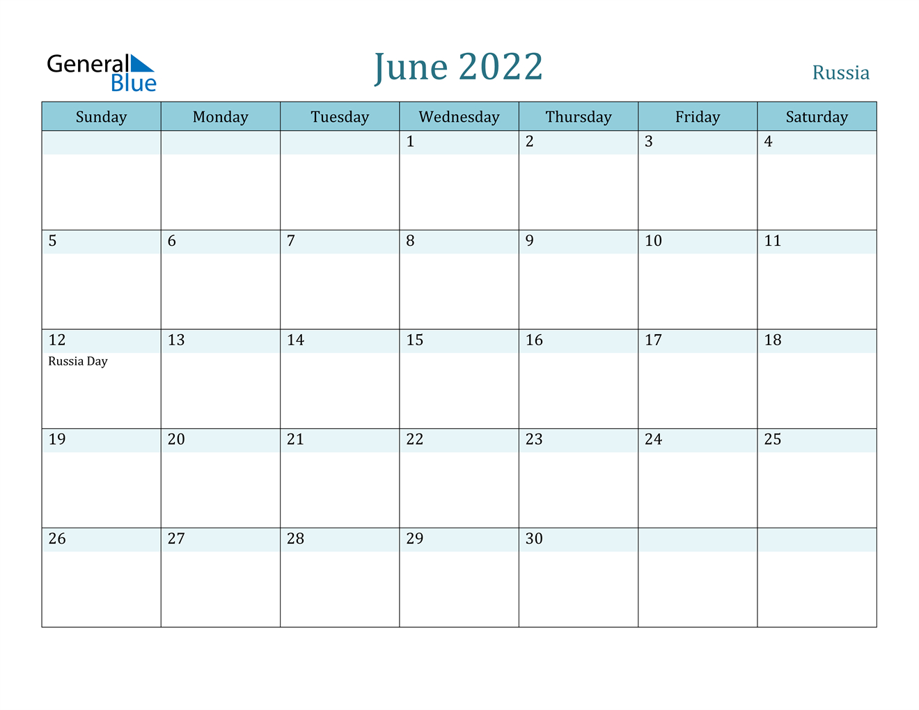 Russia June 2022 Calendar With Holidays