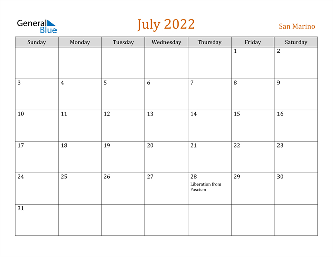 San Marino July 2022 Calendar With Holidays