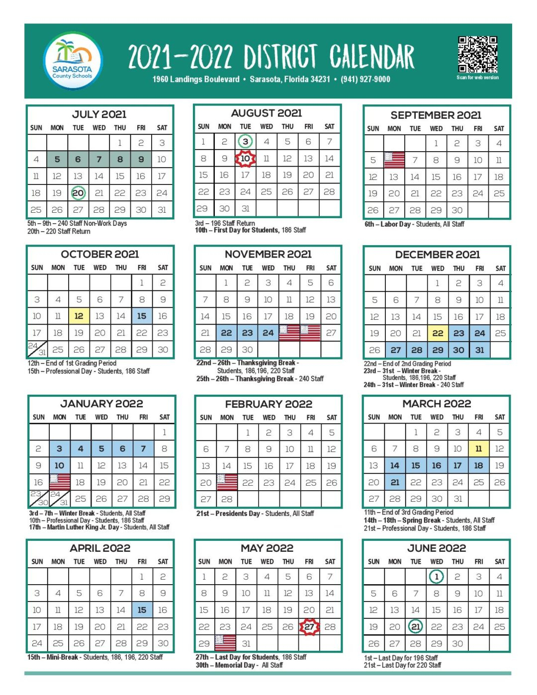 Sarasota County School Calendar 2021-2022 In Pdf