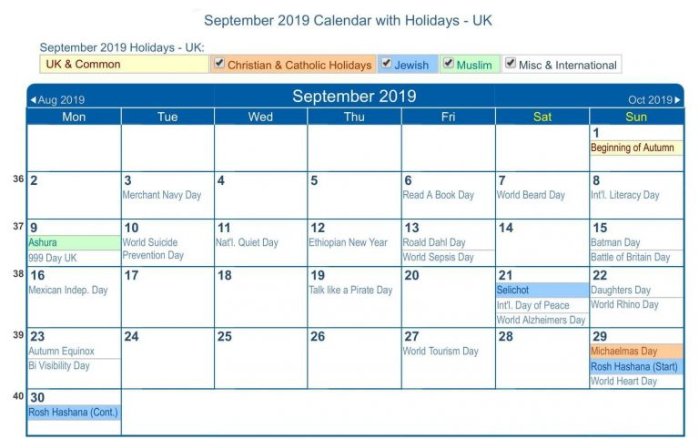 September 2019 Calendar Uk Bank Holidays