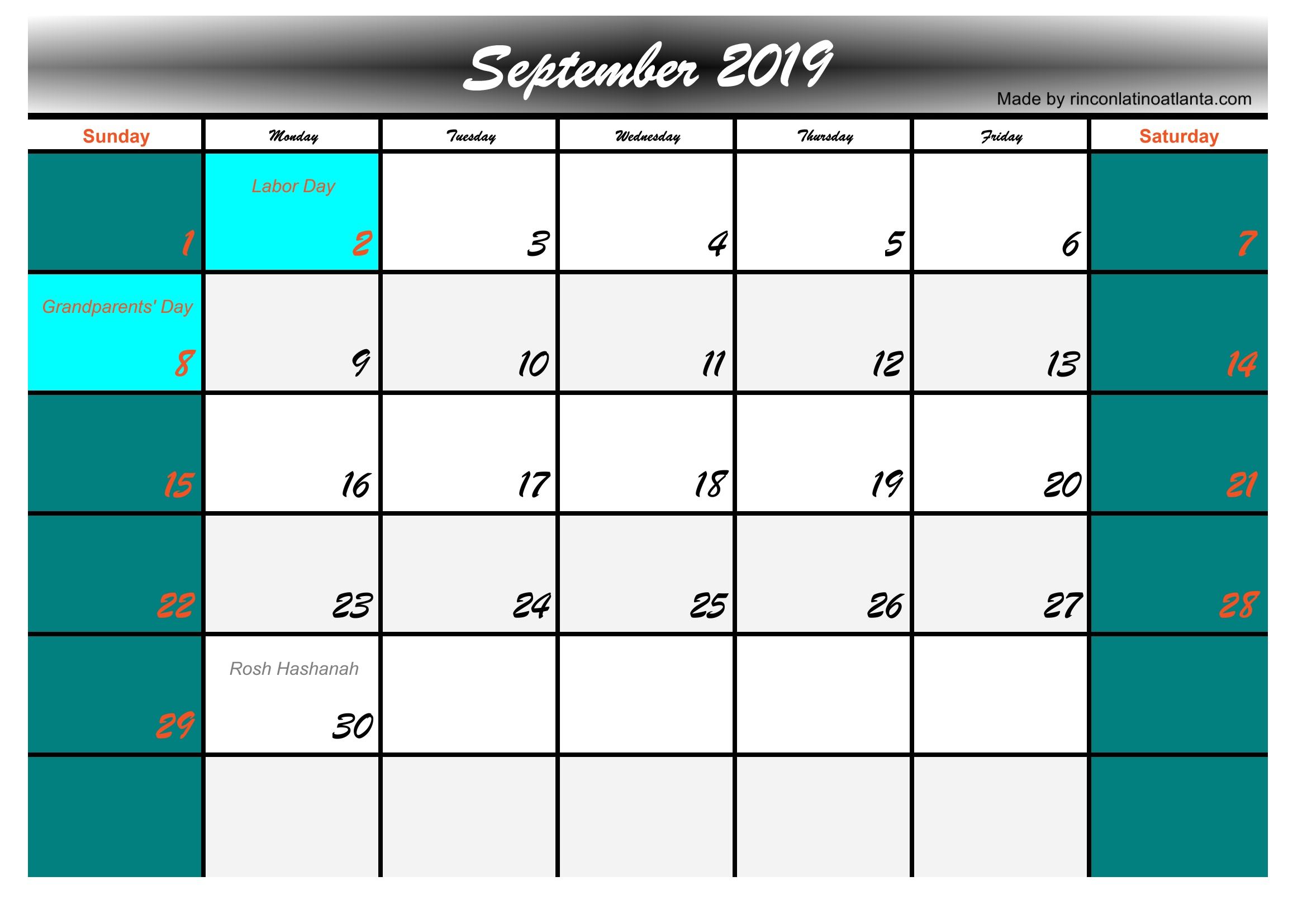 September 2019 Calendar With Holidays Us, Uk, Canada