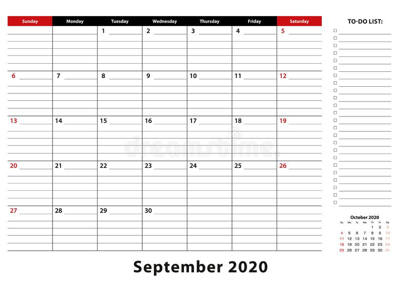 September 2020 Monthly Desk Pad Calendar Week Starts From