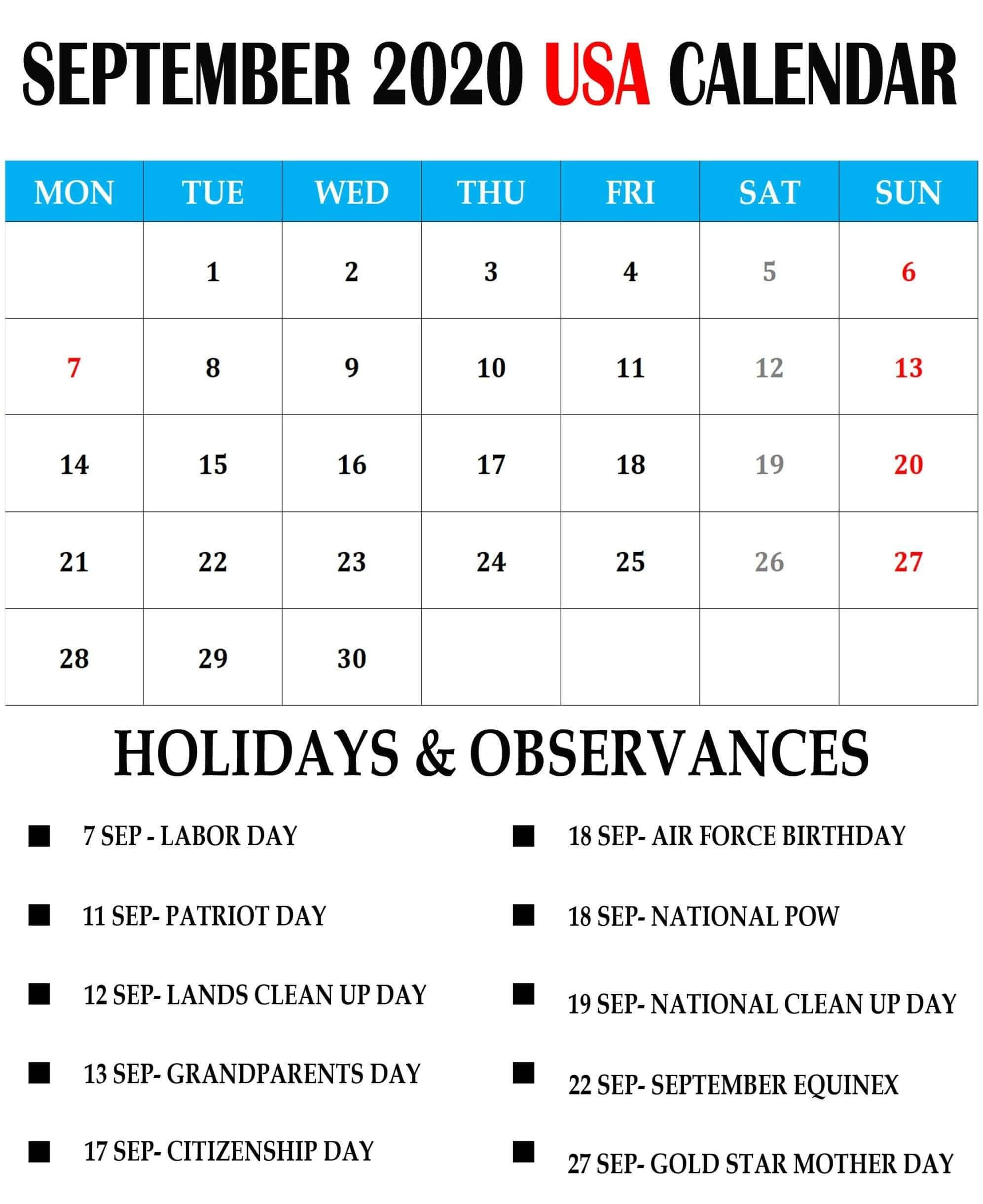 September 2020 Usa Holidays Calendar | Usa Calendar