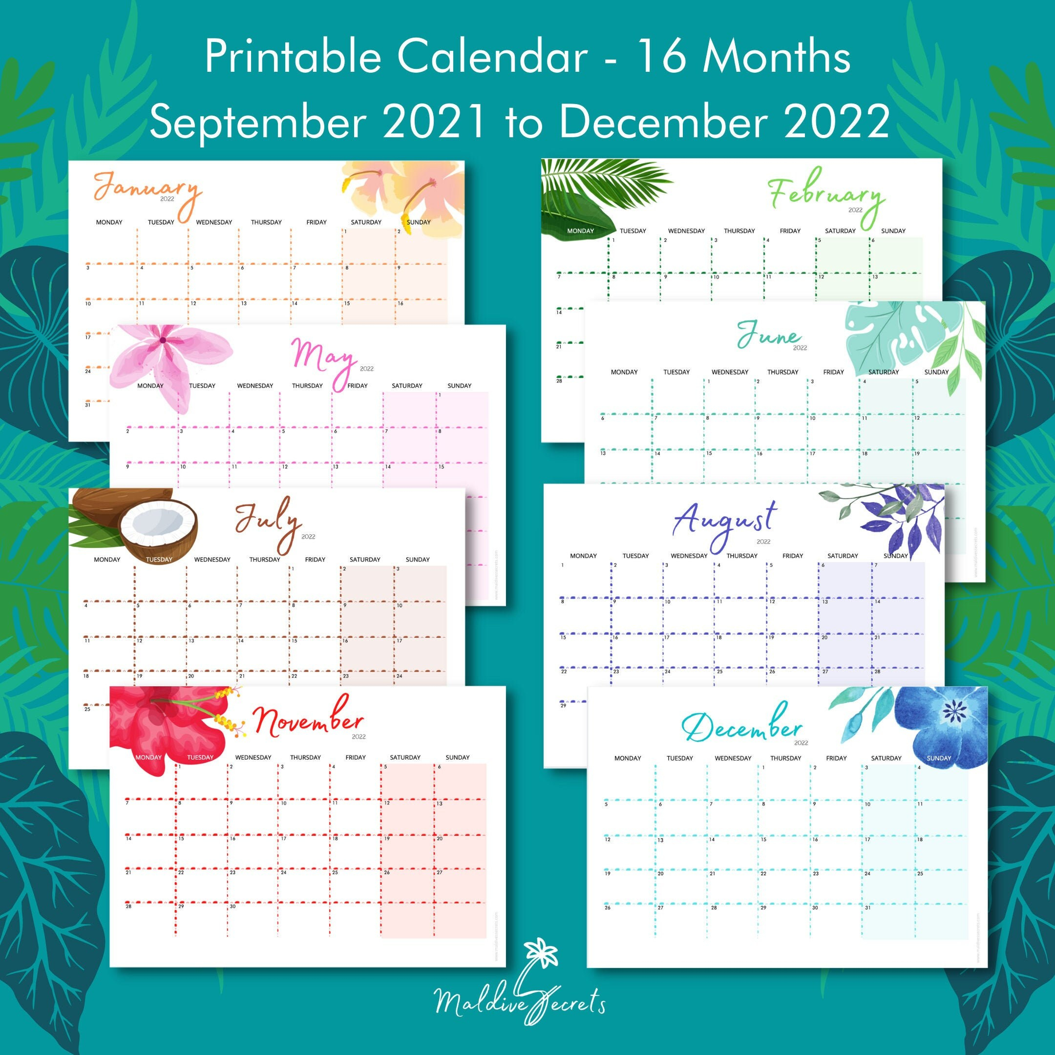 September 2021 To December 2022 16 Months Printable