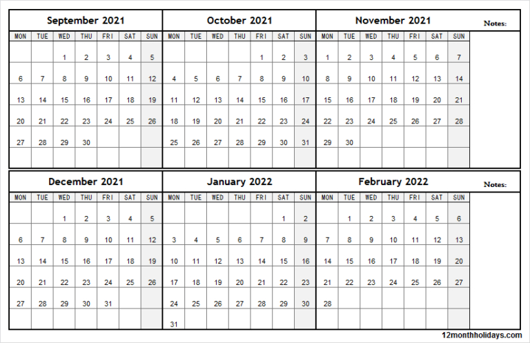 September 2021 To February 2022 Calendar With Notes | Tumblr