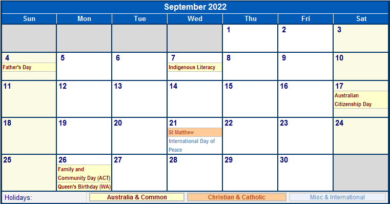 September 2022 Australia Calendar With Holidays For
