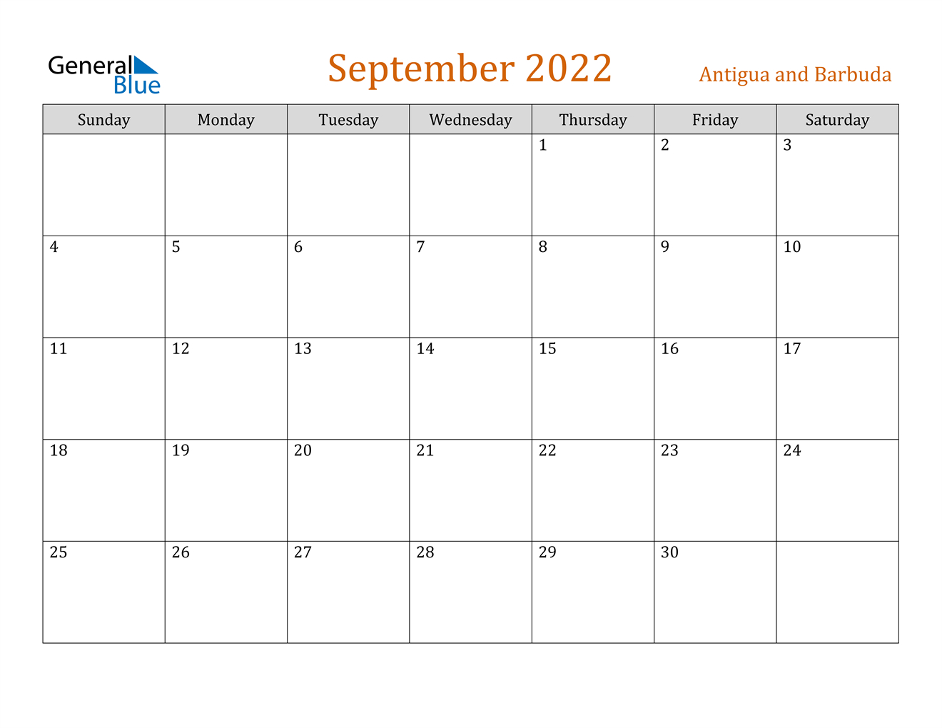 September 2022 Calendar - Antigua And Barbuda