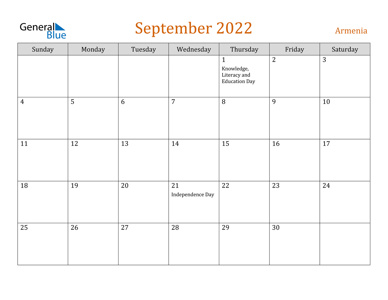 September 2022 Calendar - Armenia