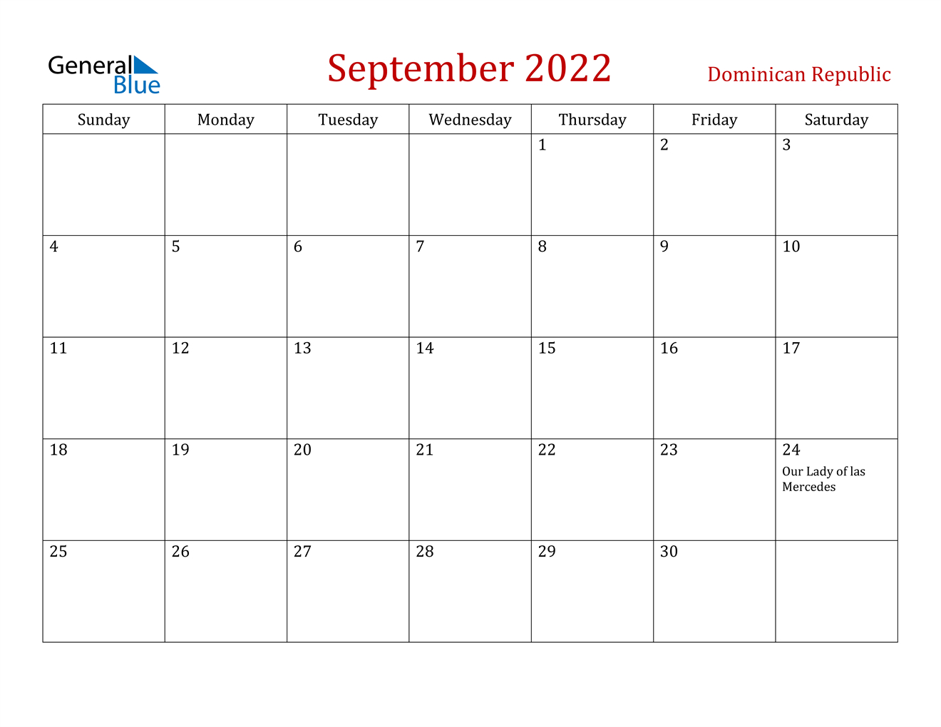 September 2022 Calendar - Dominican Republic